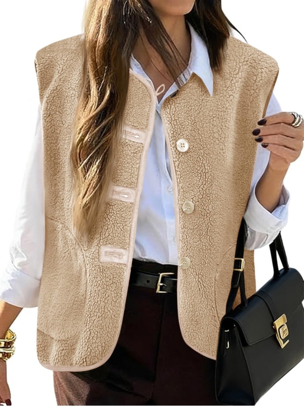 Women’s Cream Sherpa Button-Front Vest